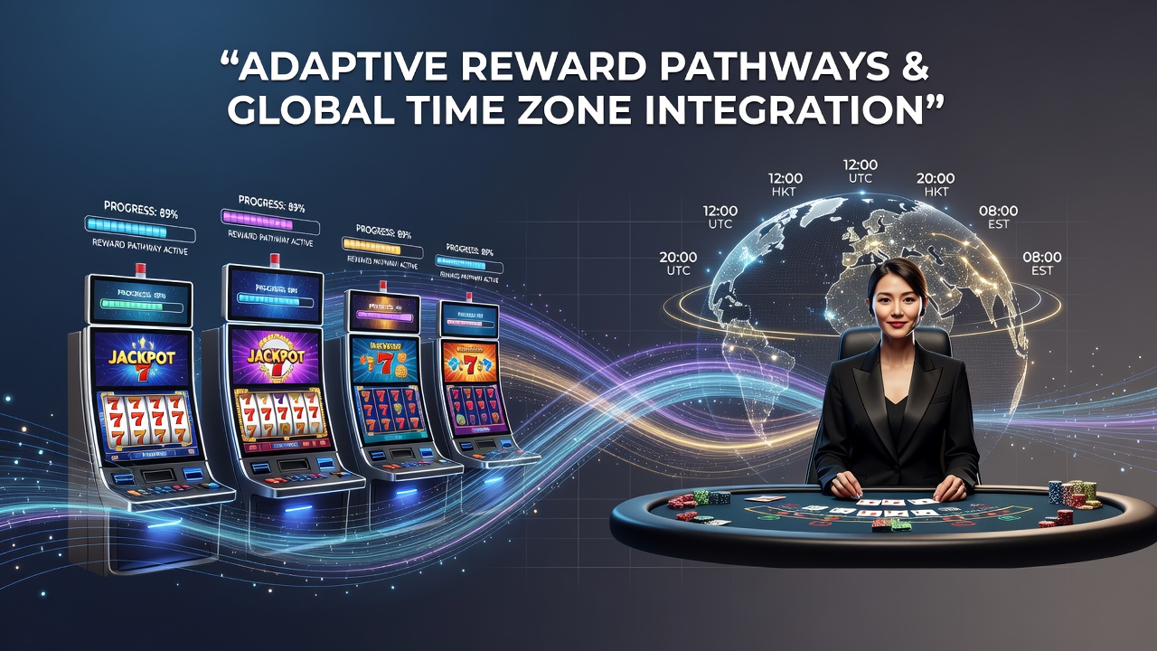 Global casino reward system diagram showing slot progressions connecting to live dealer tables across time zones