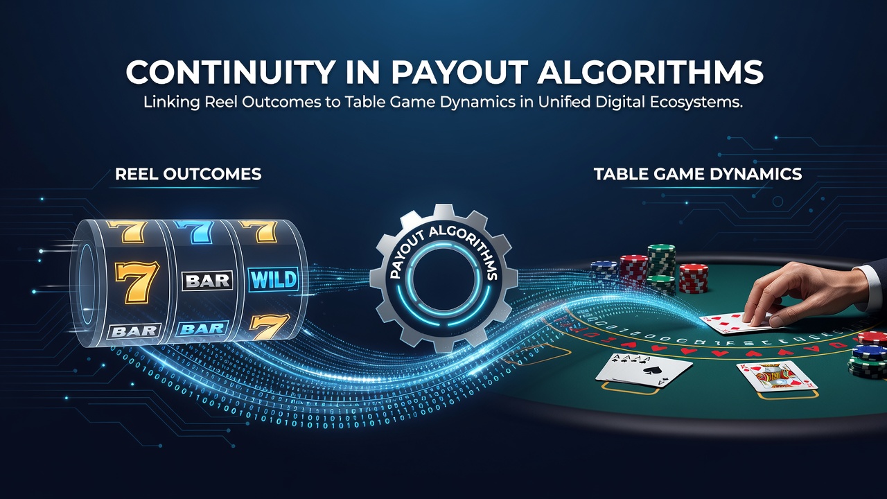 Diagram showing interconnected payout algorithms across slot reels and table game interfaces in a unified digital casino platform