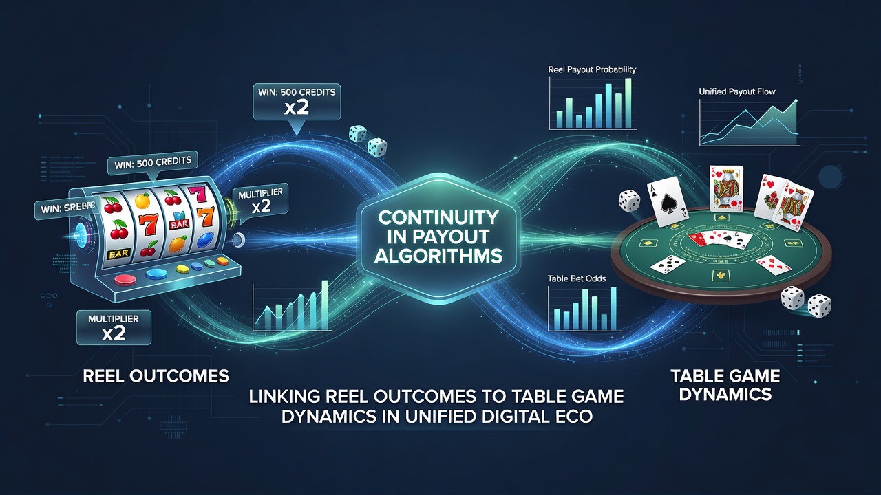 Flowchart illustrating data pathways from slot reel outcomes into table game dynamics within a single unified digital ecosystem