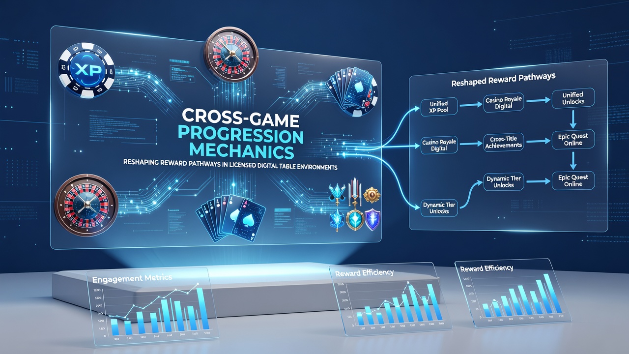 Analytics dashboard displaying reward pathway flows between multiple licensed table games with progression tracking overlays