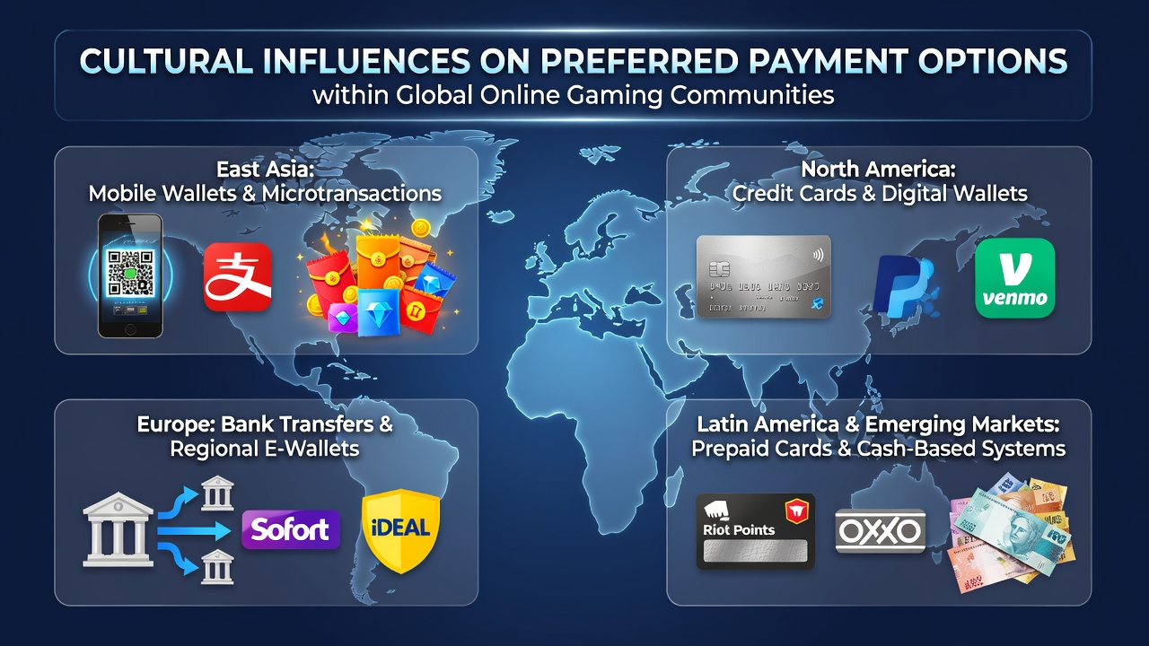 Global map highlighting diverse payment method preferences across online gaming regions in Asia, Europe, and the Americas