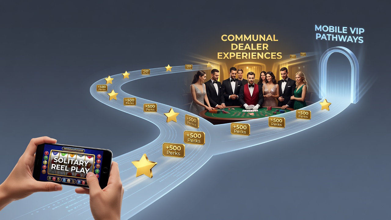 Mobile casino interface showing slot reels transitioning toward live dealer tables with perk indicators