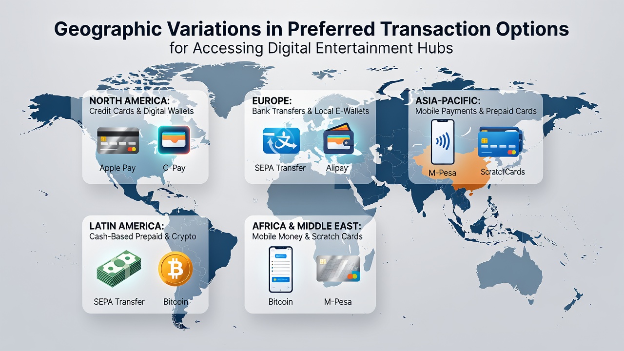 Infographic showing transaction method shares across continents for digital platforms