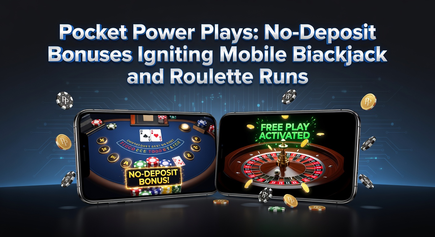 Smartphone screen displaying a mobile blackjack table with no-deposit bonus credits highlighted, roulette wheel spinning in the background