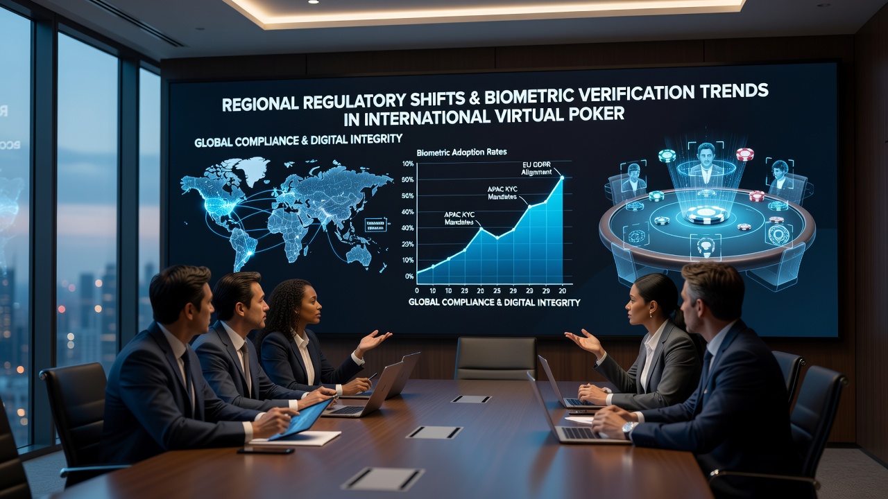 Biometric verification process integrated into mobile poker applications with regional compliance indicators