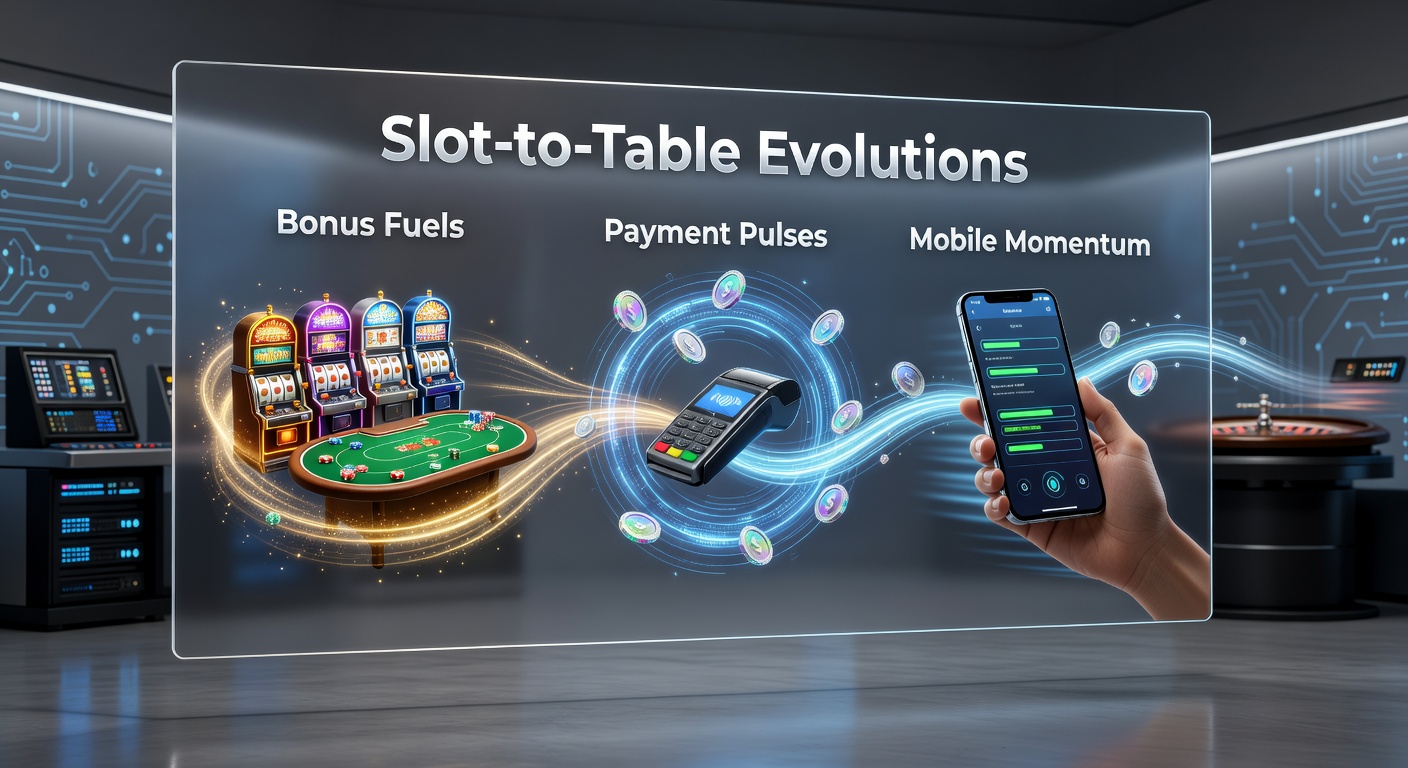Dynamic visualization of slot reels morphing into blackjack tables amid glowing bonus icons, fast payment streams, and mobile devices