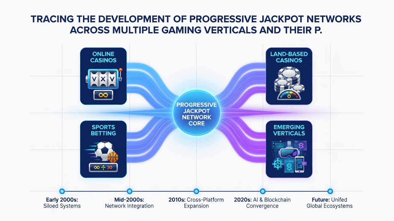 Modern progressive jackpot network architecture diagram illustrating connections between slots, table games, and online platforms with payout flow arrows